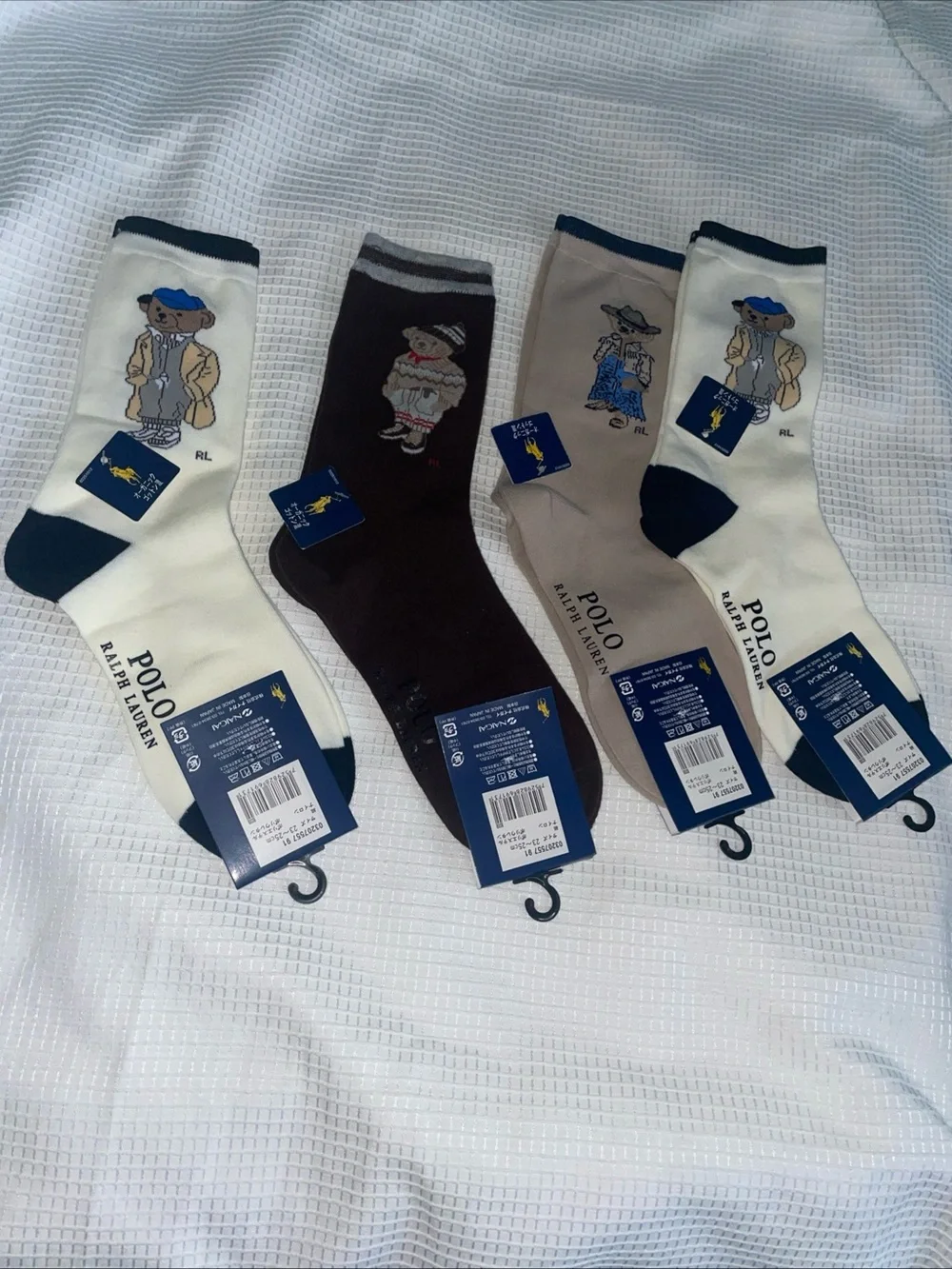 4 pairs Polo by Ralph Lauren Bear Crew Socks - White, Navy, Brown & Tan